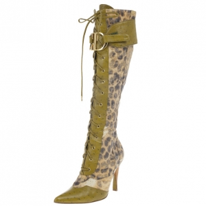 Pre Owned Dior Green Ostrich Leopard Print Lace-Up Knee Boots Size 37.5