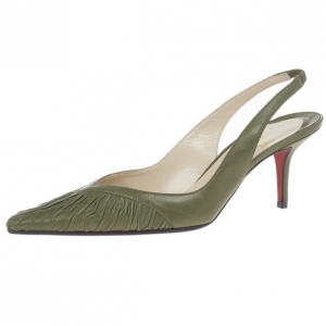 Pre Owned Christian Louboutin Green Leather Pleated Slingback Sandals Size 38