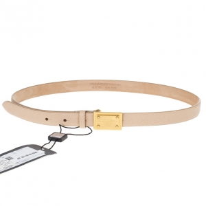 Pre Owned Dolce and Gabbana Beige Leather Plaque Skinny Belt 75 CM