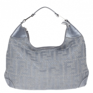 Pre Owned Fendi Silver Leather Woven Hobo