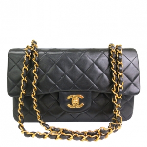 Pre Owned Chanel Black Lamb Skin Leather Double Shoulder Flap Bag Small