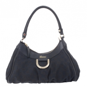 Pre Owned Gucci Black Small GG Canvas D Gold Hobo