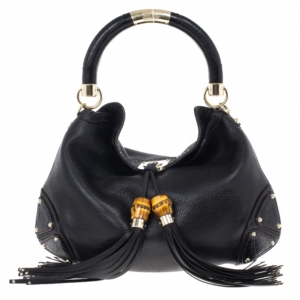Pre Owned Gucci Black Leather 'Indy' Tassel Large Hobo