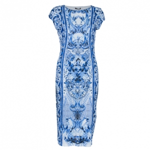 Pre Owned Roberto Cavalli Blue Printed Stretch Dress M
