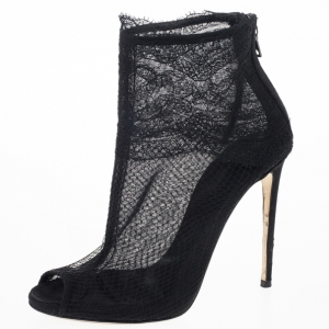 Pre Owned Dolce and Gabbana Black Lace Peep Toe Ankle Booties Size 37