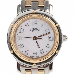 Pre Owned Hermes White Gold & Steel Clipper PM Women's Wristwatch 24MM