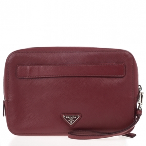 Pre Owned Prada Maroon Saffiano Travel Clutch