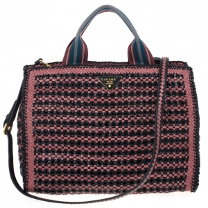 Pre Owned Prada Black Mauve Woven Leather 'Madras' Tote