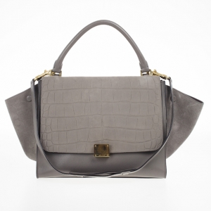 Pre Owned Celine Grey Croc Embossed Leather Trapeze Luggage Tote