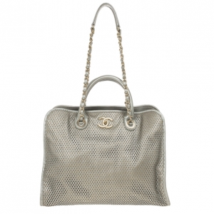 Pre Owned Chanel Silver Calfskin Perforated Leather Tote