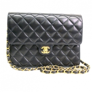 Pre Owned Chanel Black Lambskin Medium Classic Flap Bag