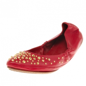 Pre Owned Alexander McQueen Red Leather Studded Ballet Flats Size 38.5