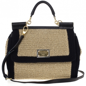 Pre Owned Dolce and Gabbana Beige Woven Raffia Miss Sicily Top Handle