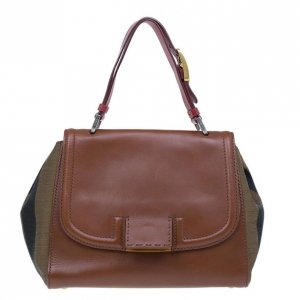 Pre Owned Fendi Brown Leather and Canvas Silvana Top Handle Bag