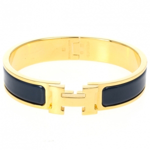 Pre Owned Hermes Clic Clac H Bleu Nuit Enamel Gold Plated Bracelet