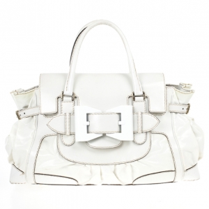 Pre Owned Gucci White Coated Twill Leather Queen Medium Satchel 