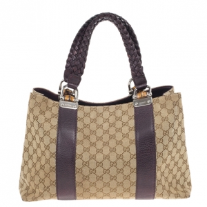 Pre Owned Gucci Beige/Ebony GG Canvas Bamboo Bar Medium Tote Bag