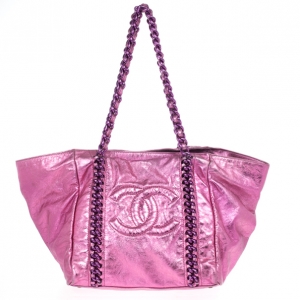 Pre Owned Chanel Metallic Pink Cracked Calfskin Leather Modern Chain Large Tote Bag
