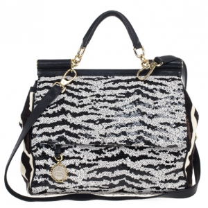 Pre Owned Dolce and Gabbana Animal Print and Sequined Miss Sicily Top Handle