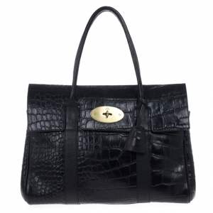 Pre Owned Mulberry Black Soft Croc Printed Bayswater Satchel