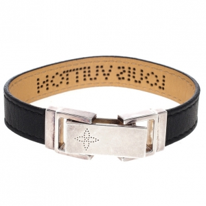 Pre Owned Louis Vuitton Black Leather Silver Clasp Unisex Bracelet 18 CM