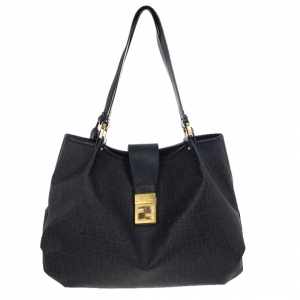 Pre Owned Fendi Black Zucchino Spalmati 'Forever' Shoulder Bag