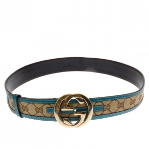 Pre Owned Gucci Guccissima Canvas Blue Trim GG Buckle Belt 90 CM