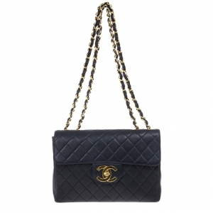 Pre Owned Chanel Navy Lambskin Classic Maxi Flap Bag