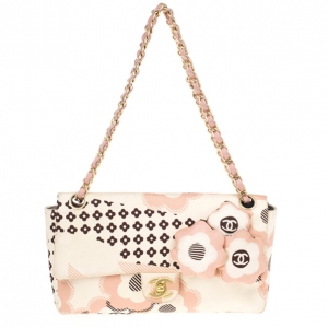 Pre Owned Chanel Pale Pink Floral Satin Shoulder Bag
