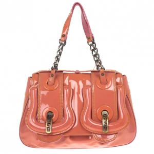 Pre Owned Fendi Orange Patent Leather 'B Bag' Tote