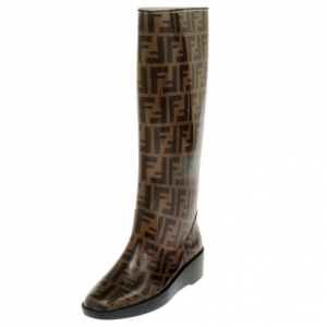 Pre Owned Fendi Tobacco Zucca Rubber Wedge Rain Boots Size 36