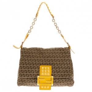 Pre Owned Fendi Mahogany And Yellow Zucchino 'Mamma' Studded Shoulder Bag