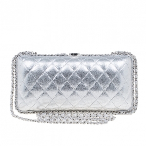 Pre Owned Chanel Silver Lambskin Small Chain Around Clutch