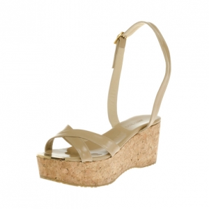 Pre Owned Jimmy Choo Nude Patent Panther Ankle Strap Cork Wedges Size 38