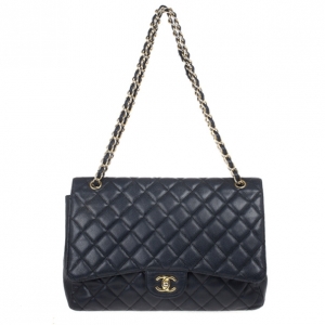 Pre Owned Chanel Black Caviar Jumbo Classic Flap Bag