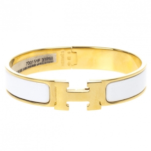 Pre Owned Hermes Clic Clac H White Enamel Gold Plated Bracelet