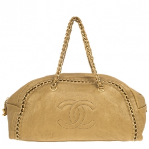 Pre Owned Chanel Luxe Ligne Beige Leather Chain Trim Large Bowler Boston Duffle Bag
