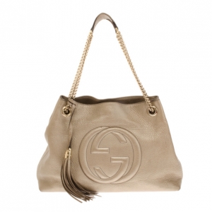 Pre Owned Gucci Gold Metallic Pebbled Calfskin Leather Soho Medium Tote