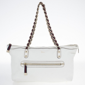 Pre Owned Gucci White Leather Signature Web Chain Tote 