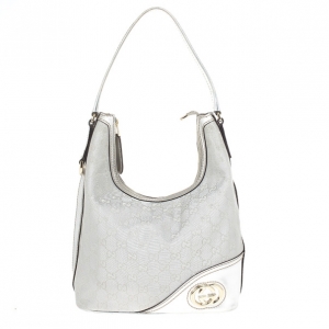 Pre Owned Gucci New Britt Silver Monogram Medium Hobo