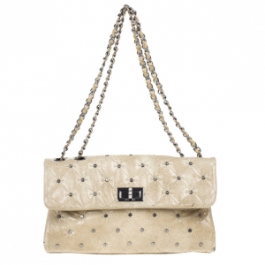 Pre Owned Chanel Beige Calfskin Glazed Crackled Studded Mademoiselle Flap bag