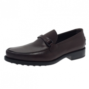 Pre Owned Tod's Brown Leather Saddle TT Buckle Loafers Size 42.5