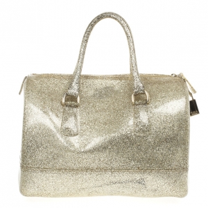 Pre Owned Furla Gold Glitter Candy Rubber Satchel