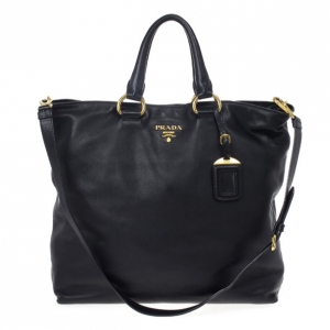 Pre Owned Prada Vitello Daino Black Soft Calfskin Shopping Tote