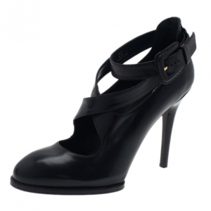 Pre Owned Tod's Black Leather Cross Strap Pumps Size 38