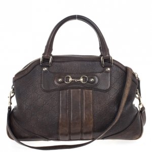 Pre Owned Gucci Brown Cathrine Medium Monogram Top Handle Bag with Horsebit Detail