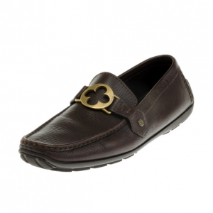 Pre Owned Louis Vuitton Brown Embossed Leather Flower Logo Loafers Size 42