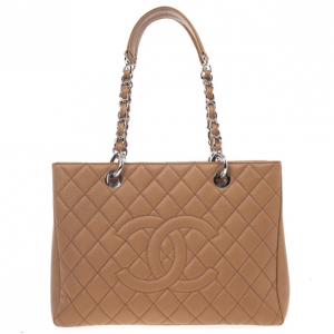 Pre Owned Chanel Camel Beige Caviar Grand Shopper Tote GST Bag