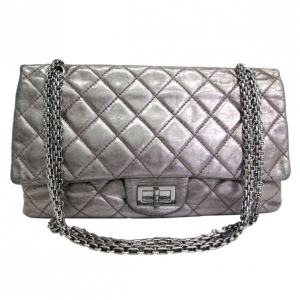 Pre Owned Chanel Grey Lambskin Jumbo 2.55 Flap Bag