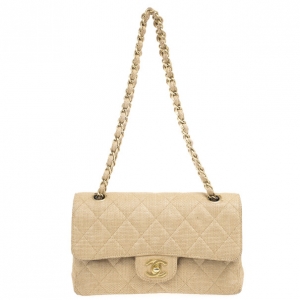Pre Owned Chanel Beige Quilted Rafia Small Classic Double Flap Bag